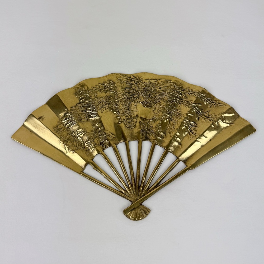 Vintage Dragon Phoenix Asian Style Brass Fan